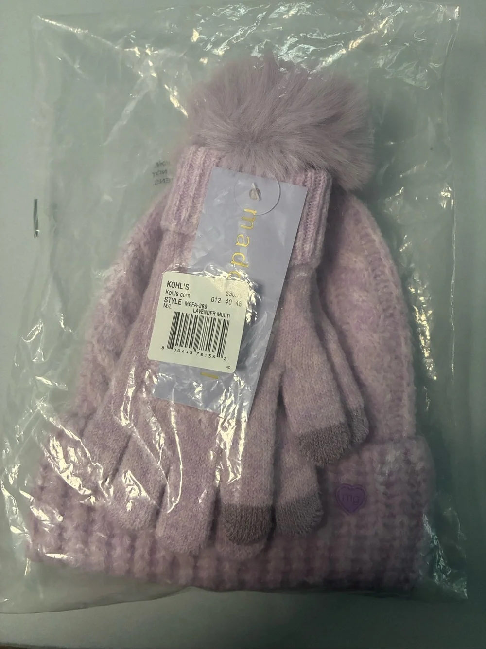 Madden GirlLavender Pom Pom Beanie with Matching Gloves